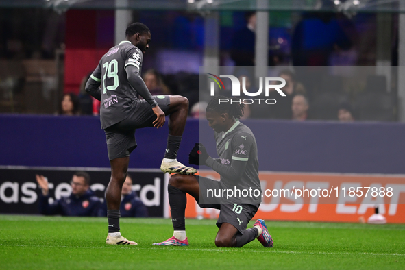 Rafael Leao of AC Milan celebrates after scoring his team's first goal during the UEFA Champions League match between AC Milan and FK Crvena...