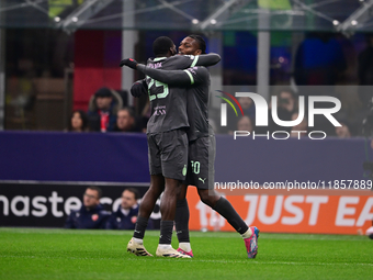 Rafael Leao of AC Milan celebrates after scoring his team's first goal during the UEFA Champions League match between AC Milan and FK Crvena...