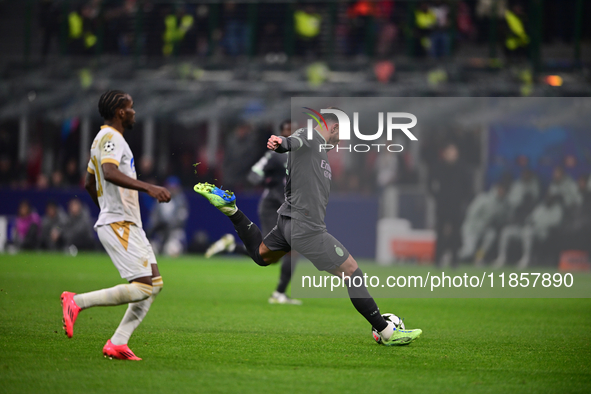 Theo Hernandez of AC Milan is in action during the UEFA Champions League match between AC Milan and FK Crvena Zvezda at Giuseppe Meazza in M...