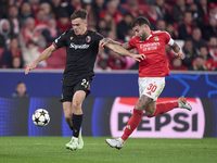 Nicolas Otamendi of SL Benfica competes for the ball with Thijs Dallinga of Bologna Football Club 1909 during the UEFA Champions League matc...