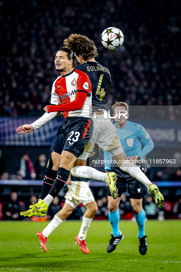 Feyenoord Rotterdam forward Anis Hadj Moussa and Sparta Praha midfielder Markus Solbakken participate in the match between Feyenoord and Spa...