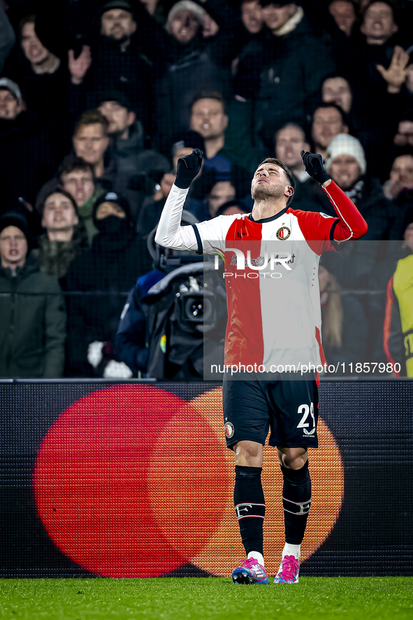 Feyenoord Rotterdam forward Santiago Gimenez scores the 4-1 and celebrates the goal during the match between Feyenoord and Sparta Praha at S...