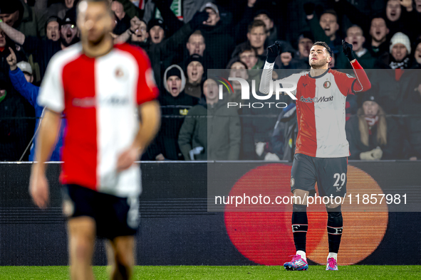 Feyenoord Rotterdam forward Santiago Gimenez scores the 4-1 and celebrates the goal during the match between Feyenoord and Sparta Praha at S...