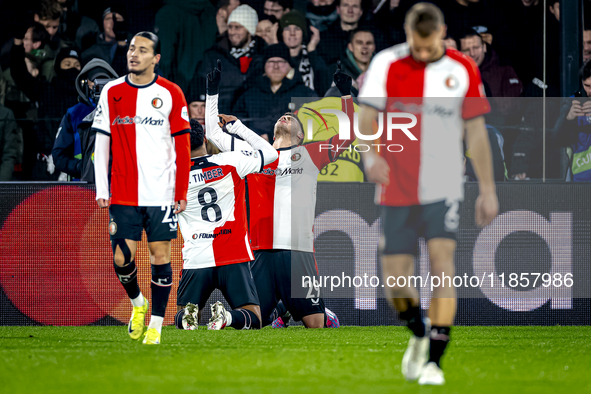 Feyenoord Rotterdam forward Santiago Gimenez scores the 4-1 and celebrates the goal during the match between Feyenoord and Sparta Praha at S...