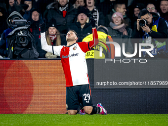 Feyenoord Rotterdam forward Santiago Gimenez scores the 4-1 and celebrates the goal during the match between Feyenoord and Sparta Praha at S...