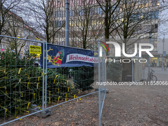 Seasonal tree sales take place in a bustling Bavarian square. In Munich, Bavaria, Germany, on December 11, 2024, a small Christmas tree mark...