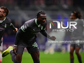 Tammy Abraham of AC Milan celebrates after scoring his team's second goal during the UEFA Champions League match between AC Milan and FK Crv...