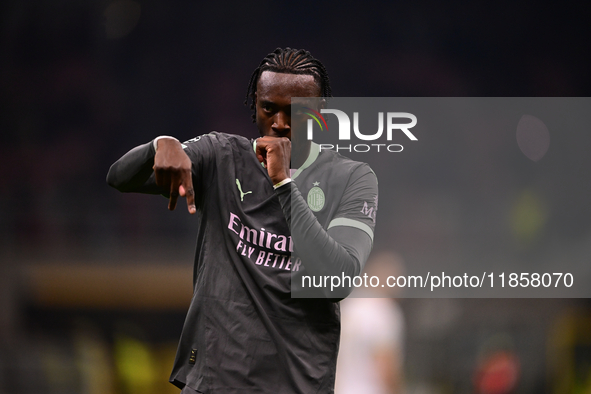 Tammy Abraham of AC Milan celebrates after scoring his team's second goal during the UEFA Champions League match between AC Milan and FK Crv...