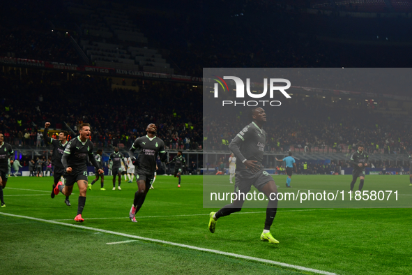 Tammy Abraham of AC Milan celebrates after scoring his team's second goal during the UEFA Champions League match between AC Milan and FK Crv...