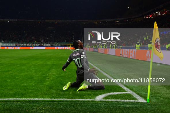 Tammy Abraham of AC Milan celebrates after scoring his team's second goal during the UEFA Champions League match between AC Milan and FK Crv...