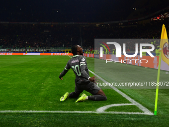 Tammy Abraham of AC Milan celebrates after scoring his team's second goal during the UEFA Champions League match between AC Milan and FK Crv...