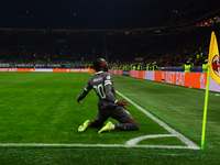 Tammy Abraham of AC Milan celebrates after scoring his team's second goal during the UEFA Champions League match between AC Milan and FK Crv...