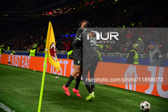 Tammy Abraham of AC Milan celebrates after scoring his team's second goal during the UEFA Champions League match between AC Milan and FK Crv...