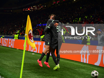 Tammy Abraham of AC Milan celebrates after scoring his team's second goal during the UEFA Champions League match between AC Milan and FK Crv...