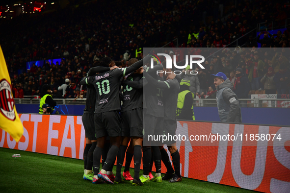 Tammy Abraham of AC Milan celebrates after scoring his team's second goal during the UEFA Champions League match between AC Milan and FK Crv...