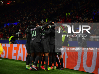 Tammy Abraham of AC Milan celebrates after scoring his team's second goal during the UEFA Champions League match between AC Milan and FK Crv...