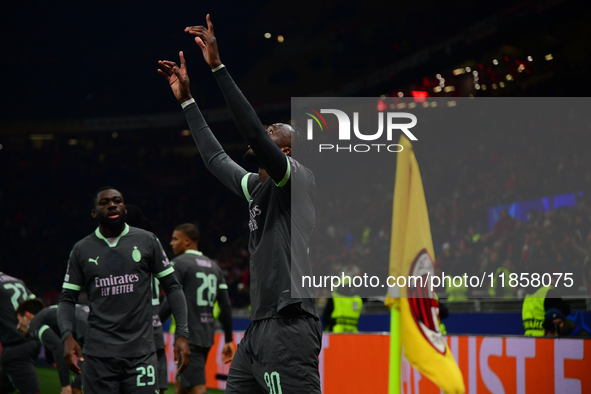 Tammy Abraham of AC Milan celebrates after scoring his team's second goal during the UEFA Champions League match between AC Milan and FK Crv...