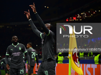 Tammy Abraham of AC Milan celebrates after scoring his team's second goal during the UEFA Champions League match between AC Milan and FK Crv...