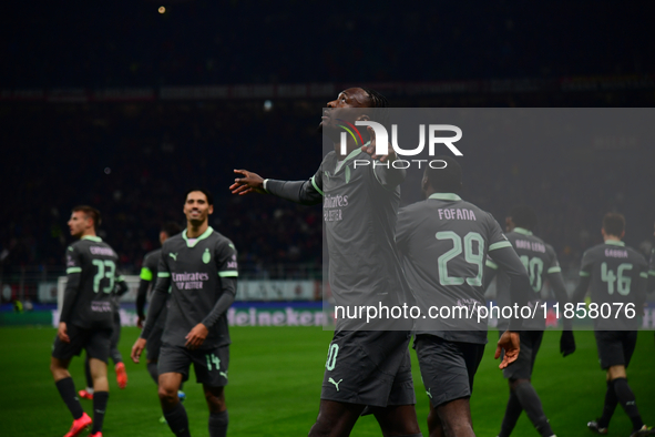 Tammy Abraham of AC Milan celebrates after scoring his team's second goal during the UEFA Champions League match between AC Milan and FK Crv...