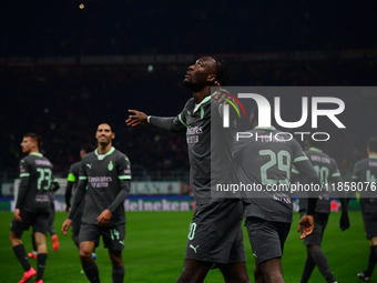 Tammy Abraham of AC Milan celebrates after scoring his team's second goal during the UEFA Champions League match between AC Milan and FK Crv...