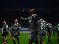 Tammy Abraham of AC Milan celebrates after scoring his team's second goal during the UEFA Champions League match between AC Milan and FK Crv...