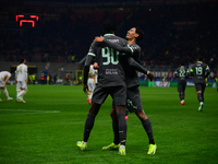 Tammy Abraham of AC Milan celebrates after scoring his team's second goal during the UEFA Champions League match between AC Milan and FK Crv...