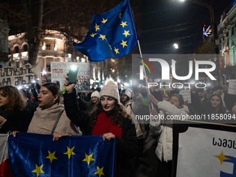 Georgia pro-Europe demonstrators hold the European flag during a protest against the government's postponement of European Union accession t...