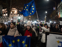 Georgia pro-Europe demonstrators hold the European flag during a protest against the government's postponement of European Union accession t...