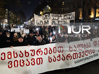 Georgia pro-Europe demonstrators stand behind a banner during a protest against the government's postponement of European Union accession ta...