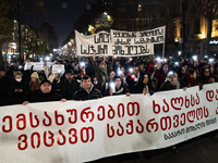 Georgia pro-Europe demonstrators stand behind a banner during a protest against the government's postponement of European Union accession ta...