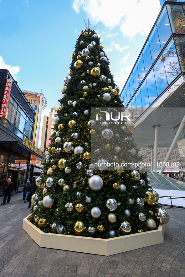 The Christmas tree stands in the plaza outside Madison Square Garden and Penn Station in New York, N.Y., on December 6, 2024. 