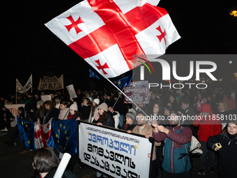 Georgia pro-Europe demonstrators hold the Georgian flag during a protest against the government's postponement of European Union accession t...