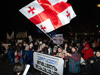 Georgia pro-Europe demonstrators hold the Georgian flag during a protest against the government's postponement of European Union accession t...