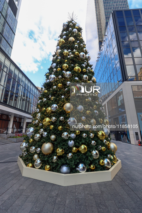 The Christmas tree stands in the plaza outside Madison Square Garden and Penn Station in New York, N.Y., on December 6, 2024. 