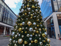 The Christmas tree stands in the plaza outside Madison Square Garden and Penn Station in New York, N.Y., on December 6, 2024. (