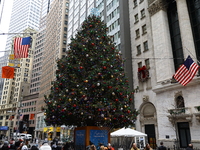 The Christmas tree stands on Broad Street outside the New York Stock Exchange in New York, N.Y., on December 8, 2024. (