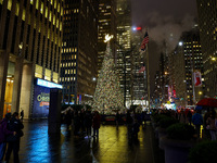 The Christmas tree stands outside the News Corporation building in New York, N.Y., on December 10, 2024. (