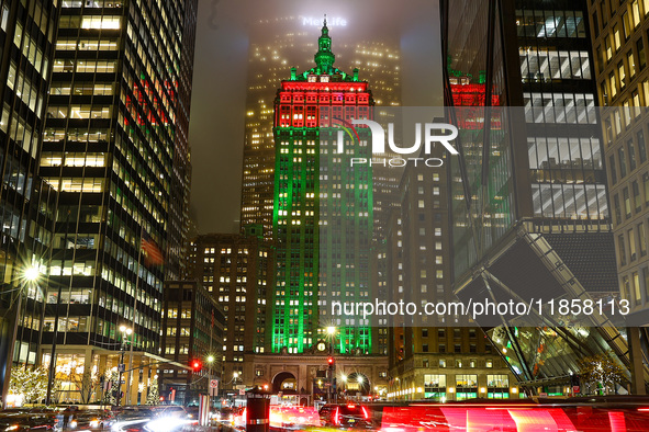 The Helmsley Building and Park Avenue are decorated in colorful lights for holidays in New York, N.Y., on December 10, 2024. The photo is ta...