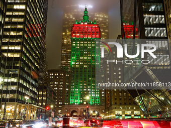 The Helmsley Building and Park Avenue are decorated in colorful lights for holidays in New York, N.Y., on December 10, 2024. The photo is ta...