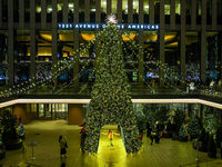 The Christmas tree stands outside of 1221 Avenue of the Americas near Rockefeller Center in New York, N.Y., on December 10, 2024. (