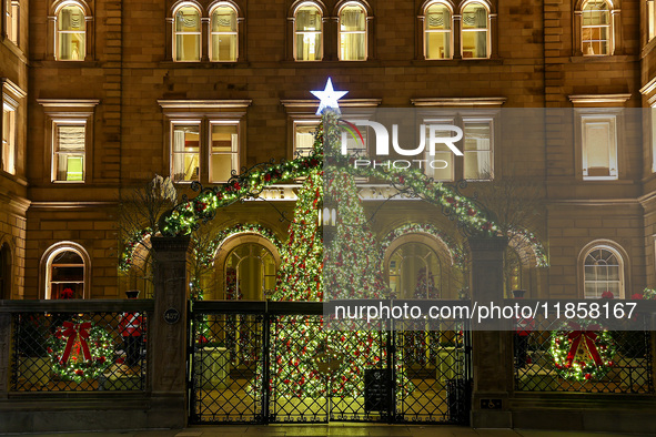 The Christmas tree stands in the courtyard of the Lotte New York Palace in New York, N.Y., on December 10, 2024. 