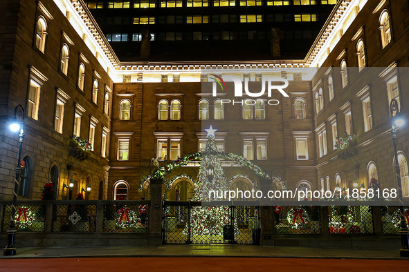 The Christmas tree stands in the courtyard of the Lotte New York Palace in New York, N.Y., on December 10, 2024. 