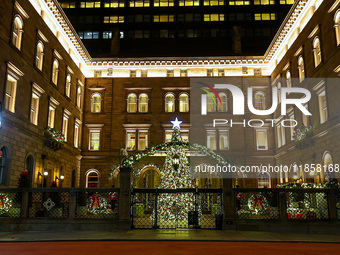 The Christmas tree stands in the courtyard of the Lotte New York Palace in New York, N.Y., on December 10, 2024. (