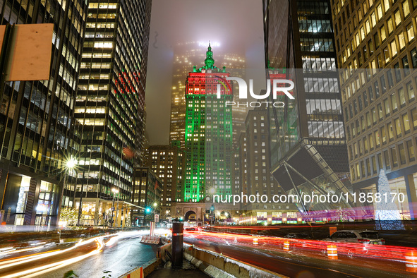 The Helmsley Building and Park Avenue are decorated in colorful lights for holidays in New York, N.Y., on December 10, 2024. The photo is ta...