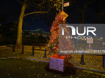 The Sutton Place Christmas Tree is located at the end of E.57th Street in New York, N.Y., on December 8, 2024. (