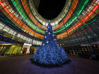 The Christmas tree stands outside the Bloomberg Tower on Beacon Court in New York, N.Y., on December 8, 2024. (