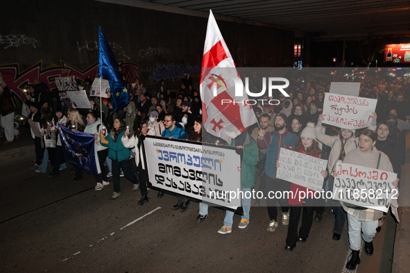 Georgia pro-Europe demonstrators hold Georgian and European flags during a protest against the Government's postponement of European Union a...