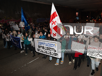 Georgia pro-Europe demonstrators hold Georgian and European flags during a protest against the Government's postponement of European Union a...