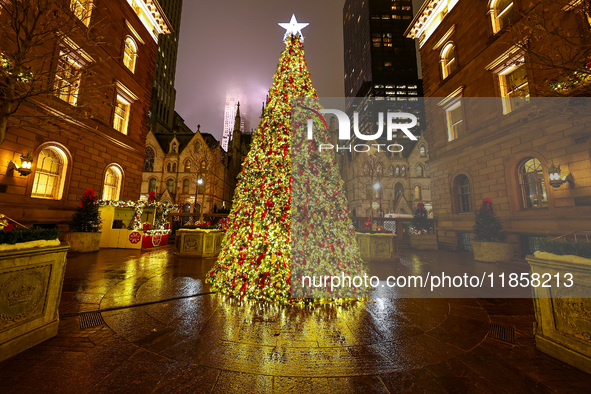 The Christmas tree stands in the courtyard of the Lotte New York Palace in New York, N.Y., on December 10, 2024. 