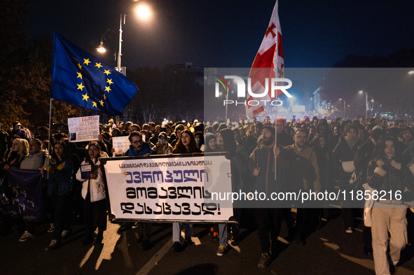 Georgia pro-Europe demonstrators hold Georgian and European flags during a protest against the Government's postponement of European Union a...